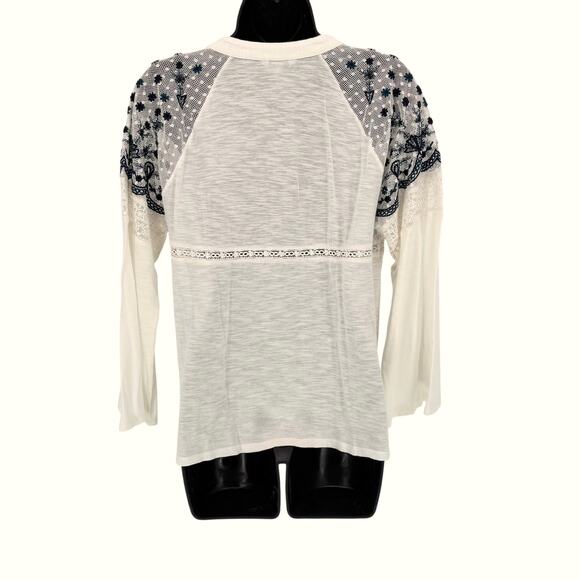 Lucky Brand Embroidered Top M Long Sleeve Shirt Blouse Lace Boho Hippie Peasant - Picture 5 of 7
